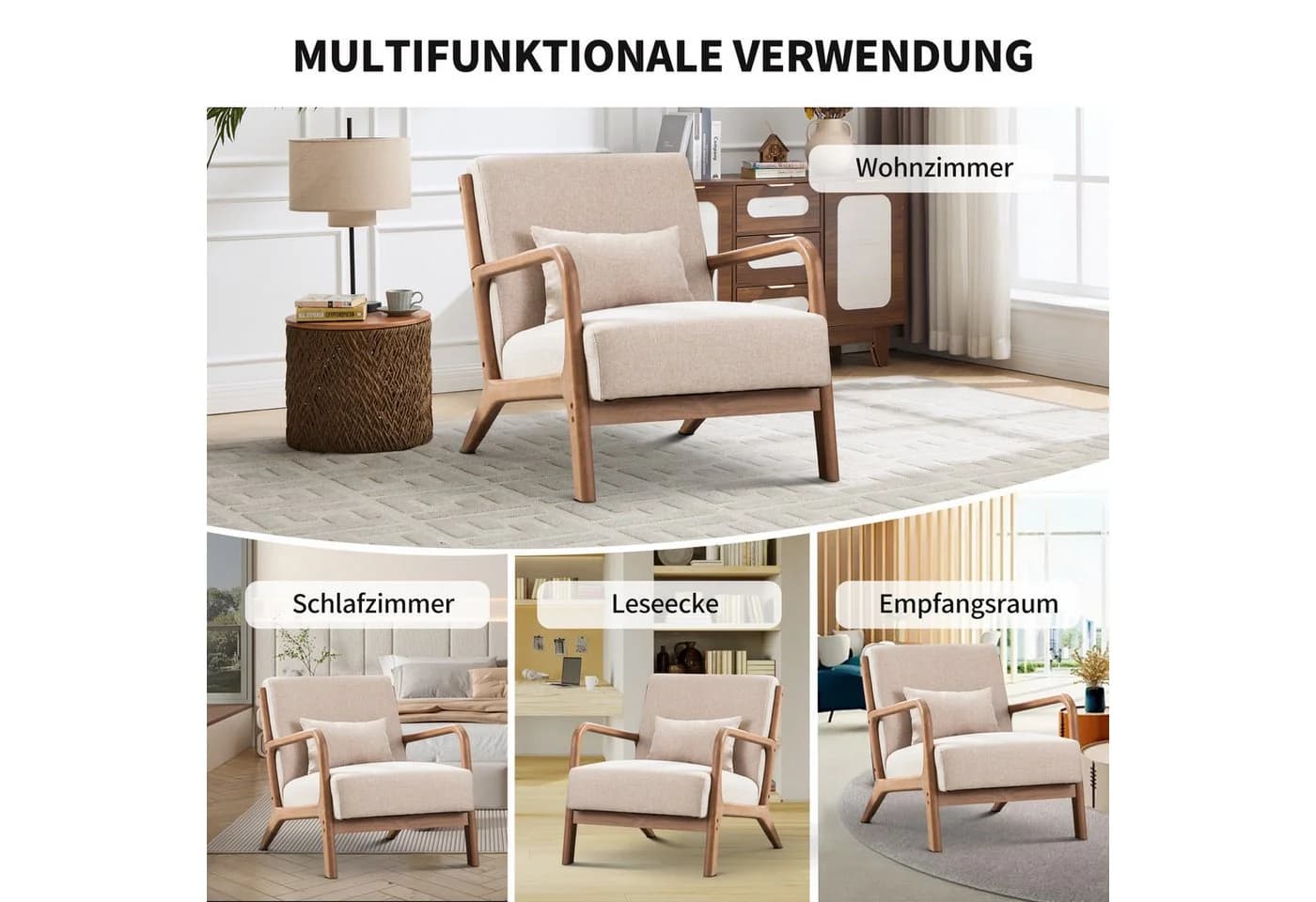 CANMOV Accent Sessel Beige mit Hocker & Lendenkissen - Bild 3