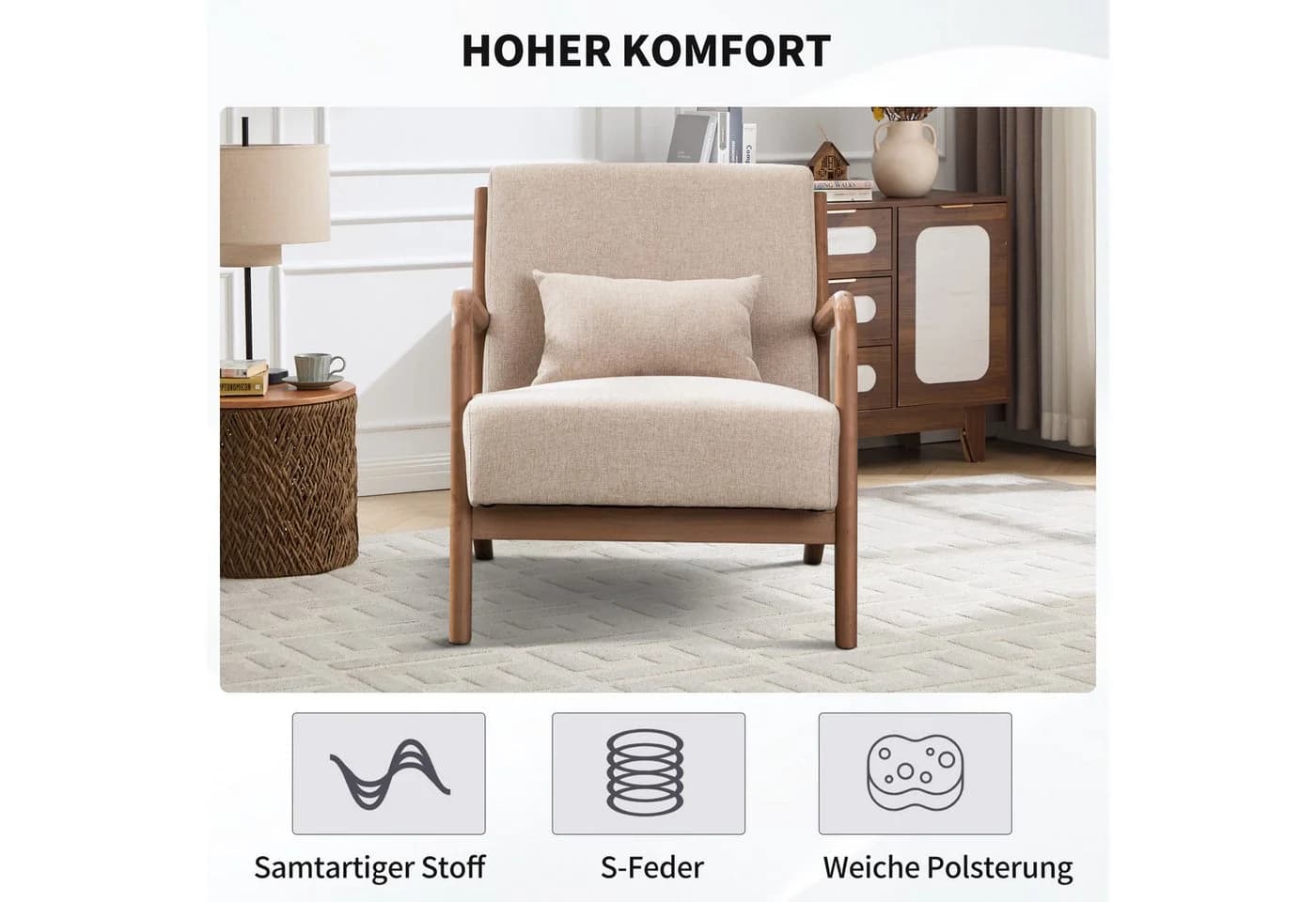 CANMOV Accent Sessel Beige mit Hocker & Lendenkissen - Bild 4