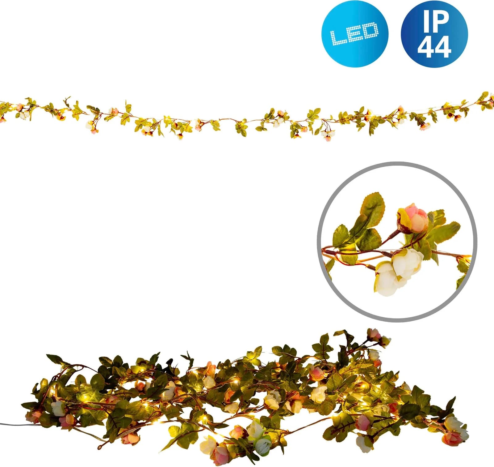 NÄVE LED-Lichterkette Röschen Bunt 40 LEDs Rosenblüten Warmweiß