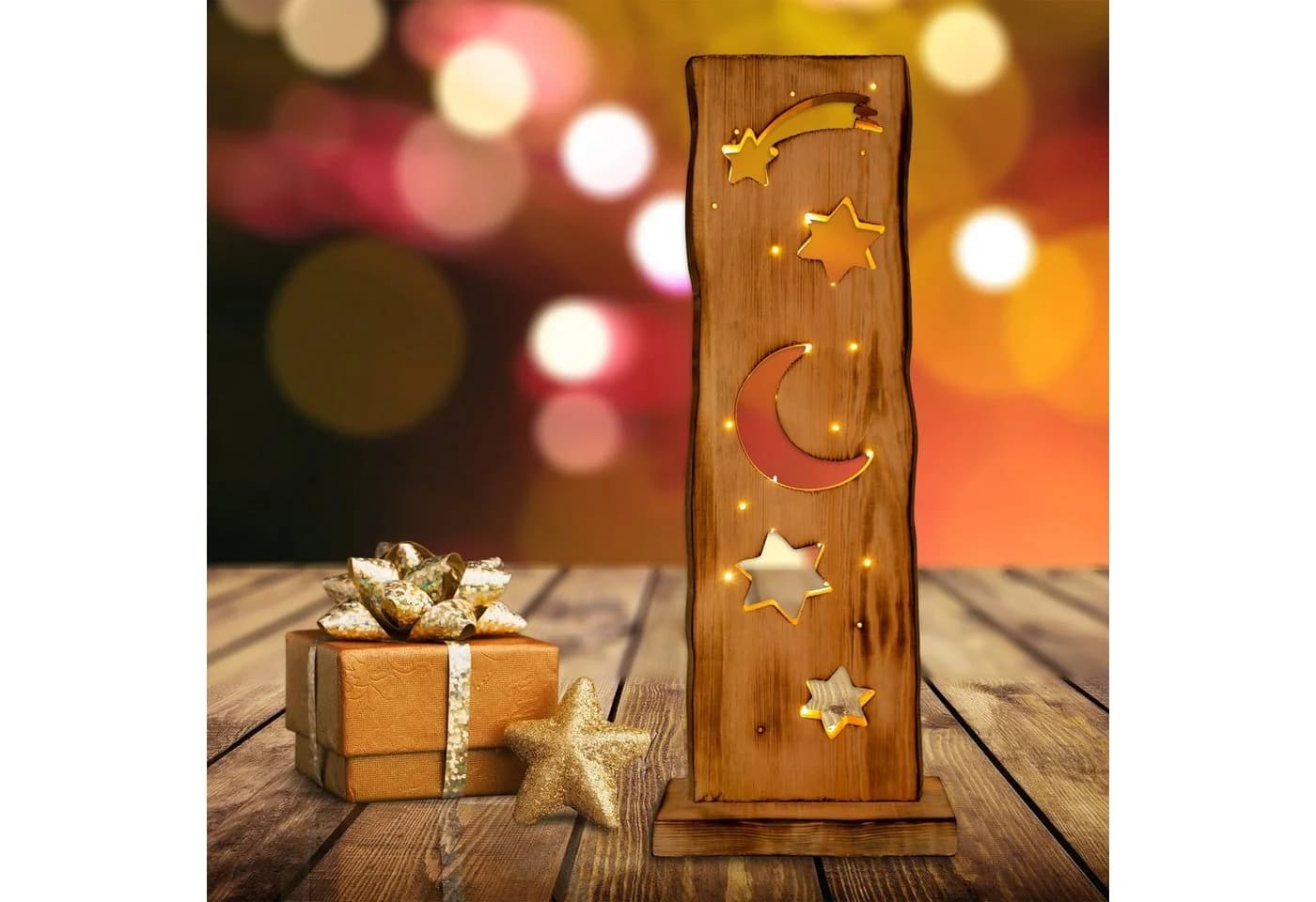 NÄVE LED Dekoobjekt Light Moon/Stars Beige Holz IP44 Timer