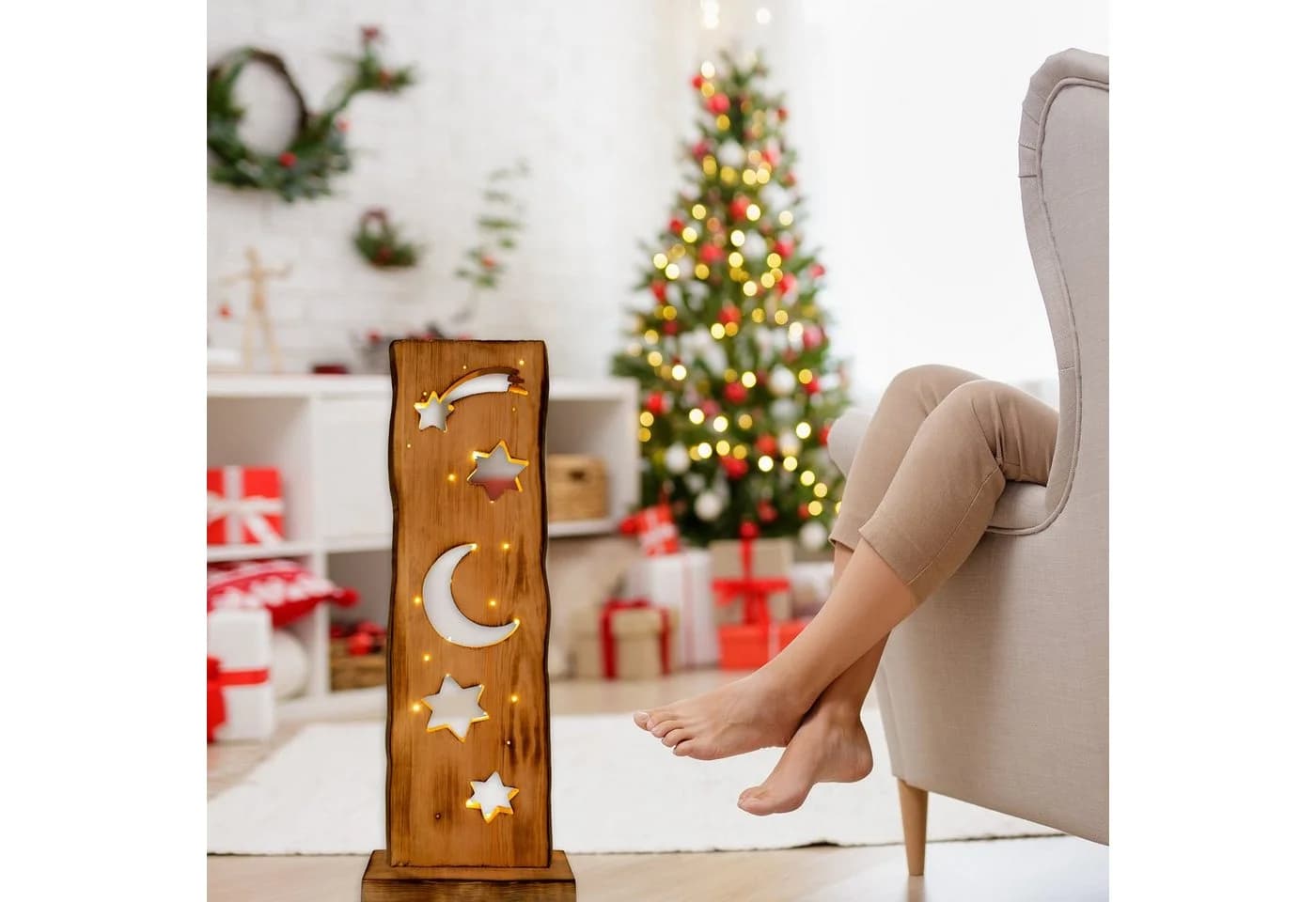 NÄVE LED Dekoobjekt Light Moon/Stars Beige Holz IP44 Timer - Bild 3