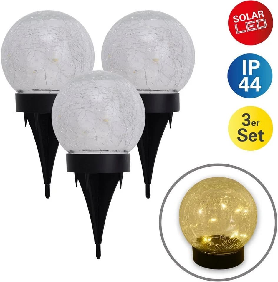 näve LED Solarleuchte Crackle 3er Set Warmweiß Glas Schwarz - Bild 2