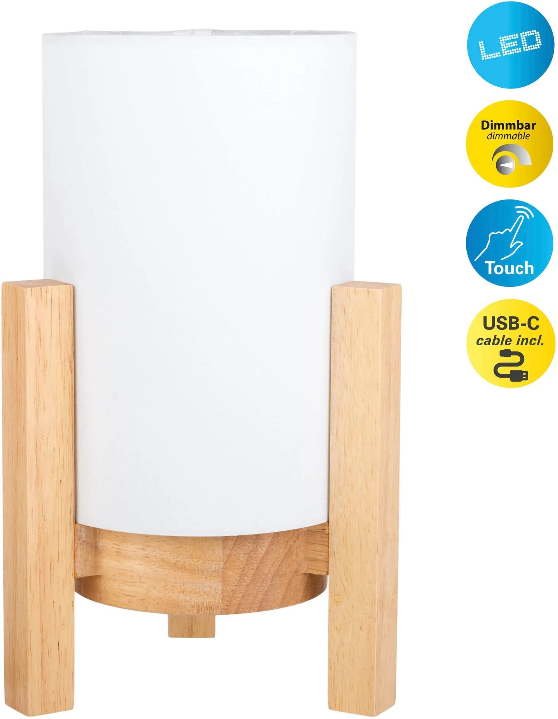 NÄVE LED Tischleuchte "Madita" Beige Holzgestell Textilschirm Dimmbar