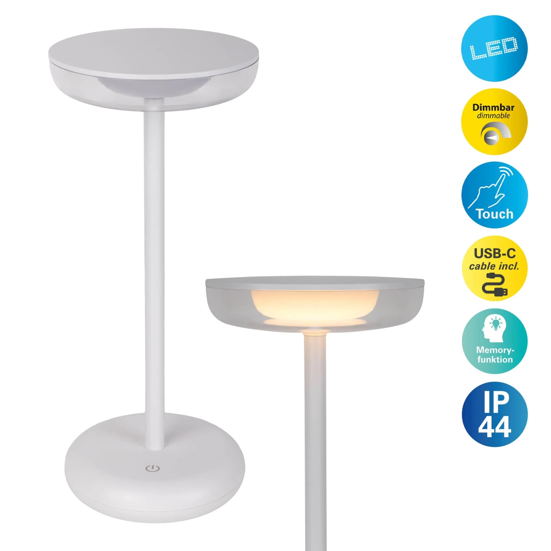 NAEVE LEUCHTEN LED-Akku-Terrassenleuchte Pasi Weiß Metall Touch