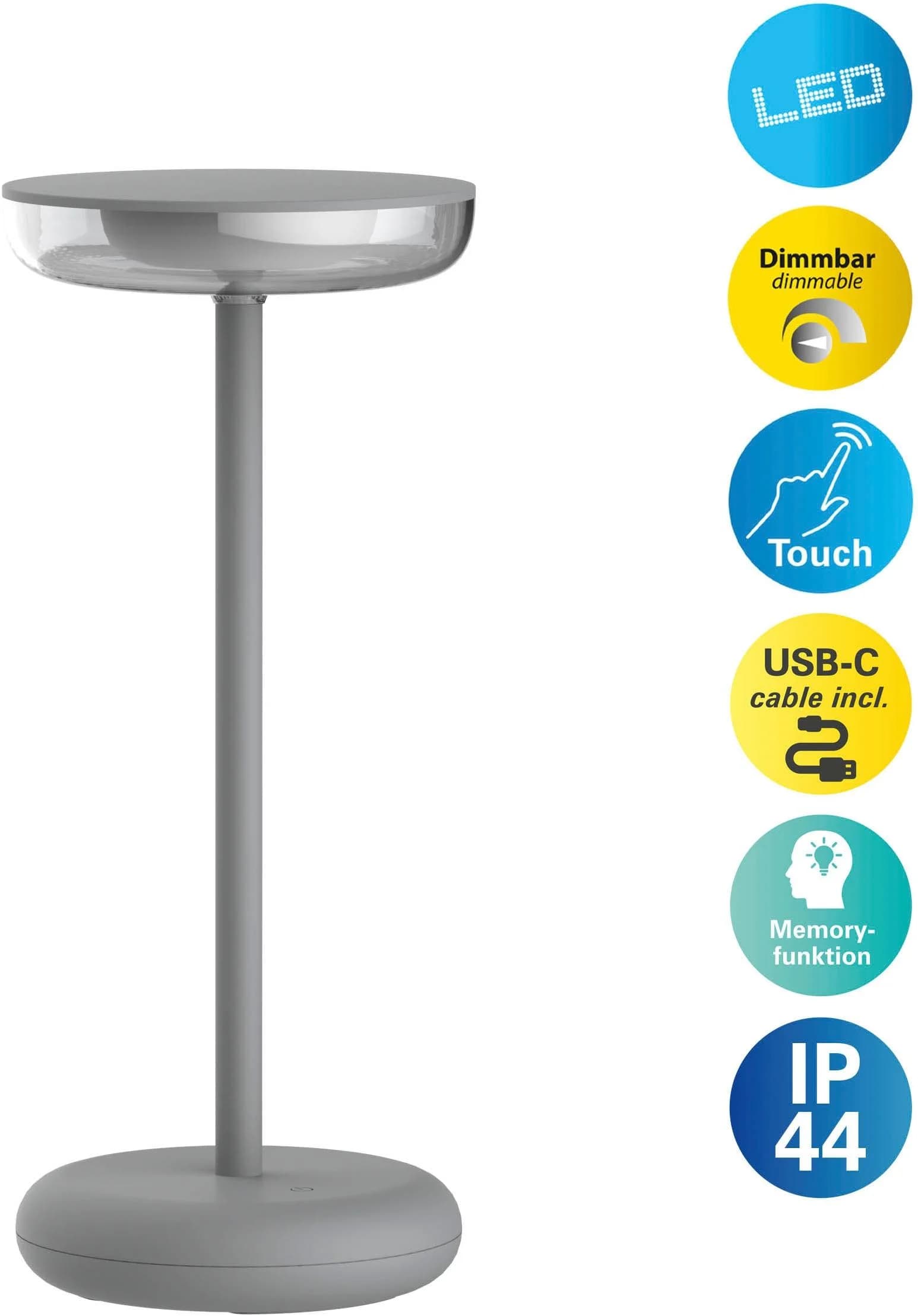 NAEVE LEUCHTEN LED-Akku-Terrassenleuchte Pasi Metall Touch
