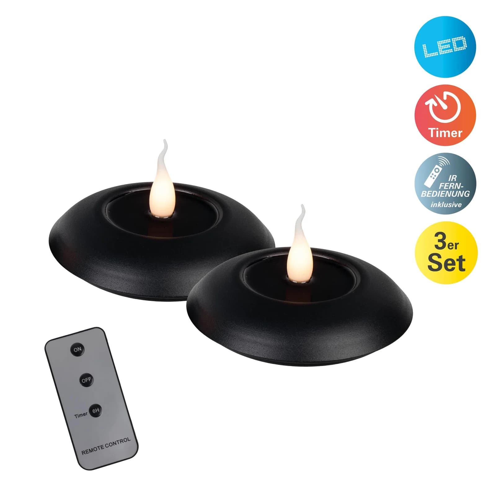 NÄVE LED Dekolicht "Leli" 2er-Set Schwarz Flammeneffekt Timer