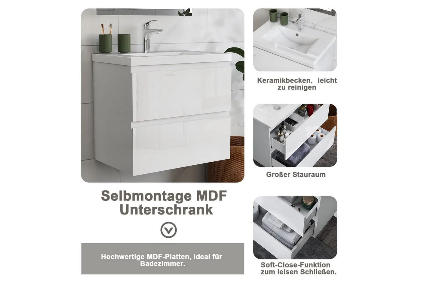 duschspa Badmöbel-Set Waschtisch mit Hochschrank und Softclose - Bild 5