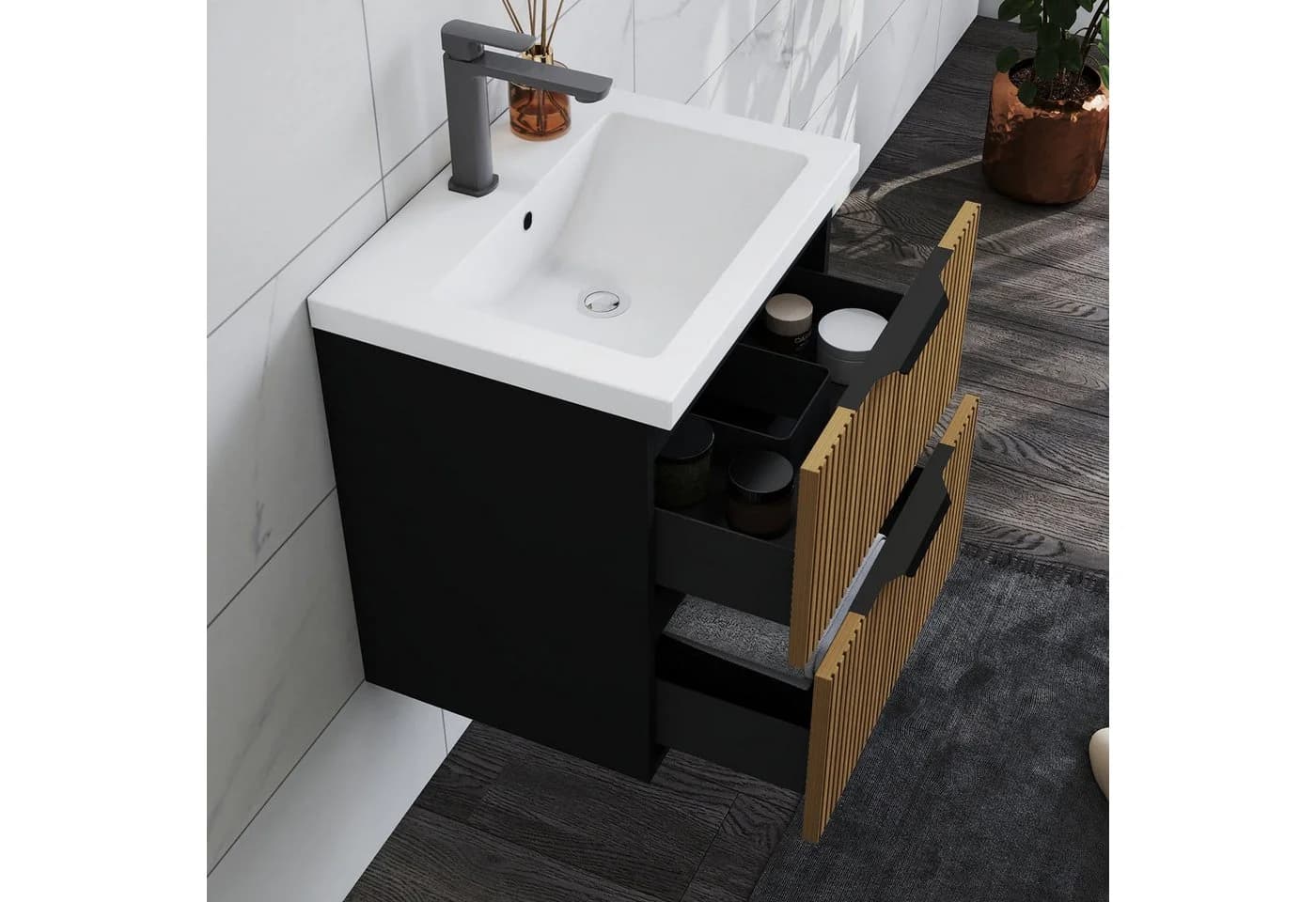 duschspa Waschtisch mit Unterschrank Schwarz Matt/Nussbaum