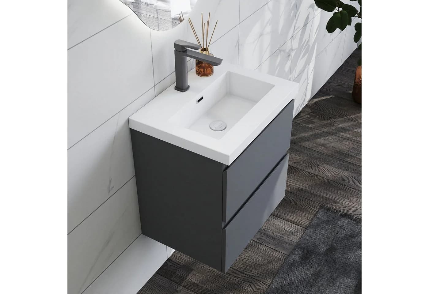 duschspa Waschtisch mit Unterschrank Badschrank Set Matt Grau Mineralguss-B