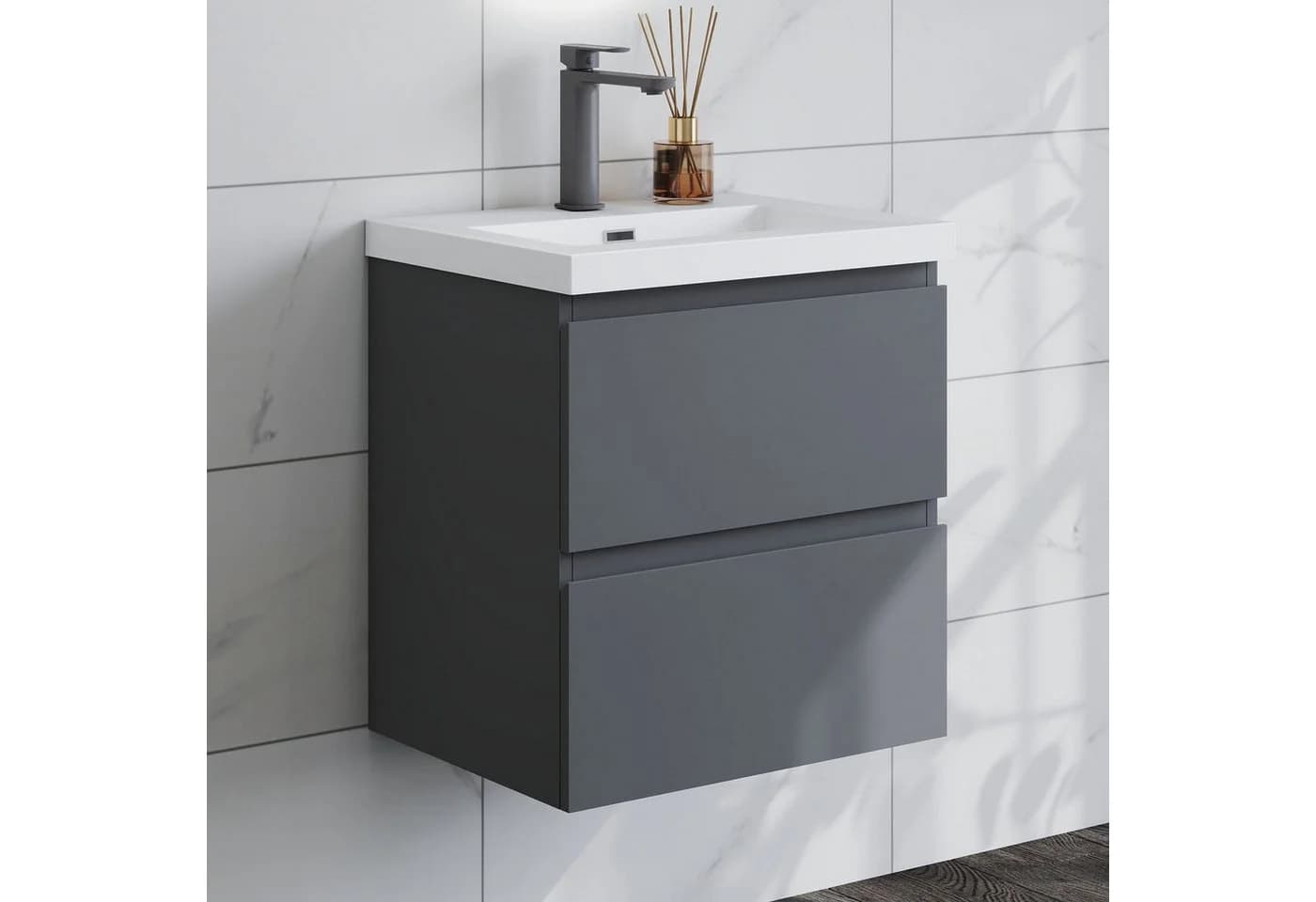 duschspa Waschtisch mit Unterschrank Badschrank Set Matt Grau Mineralguss-B - Bild 2