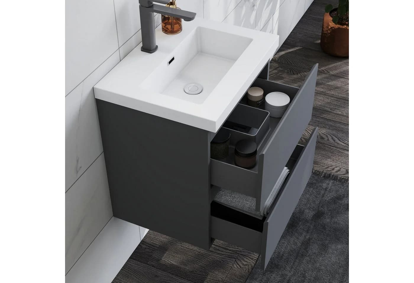 duschspa Waschtisch mit Unterschrank Badschrank Set Matt Grau Mineralguss-B - Bild 3