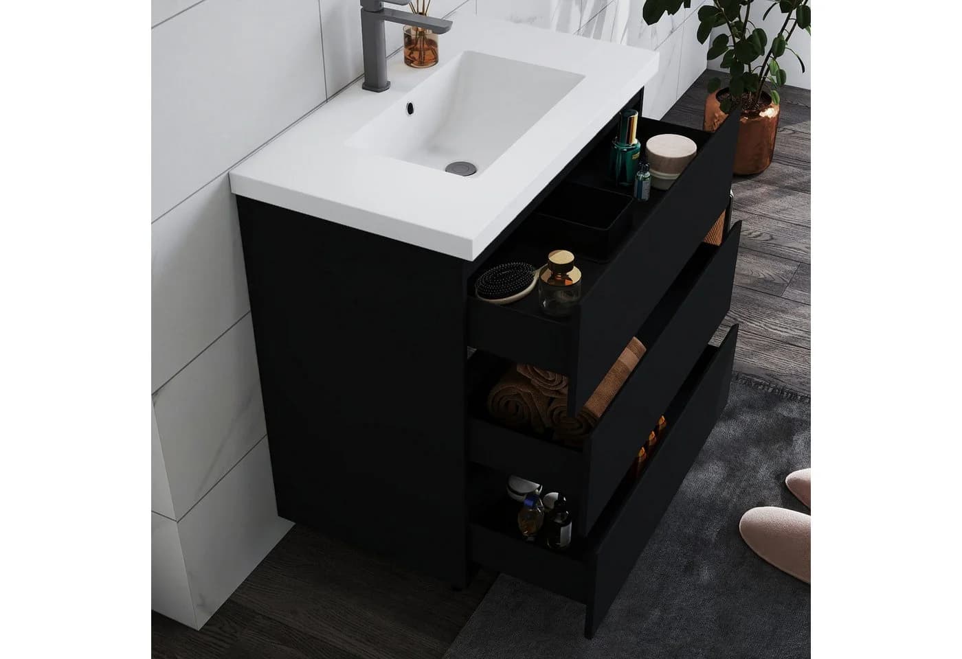 duschspa Waschtisch-Set mit Unterschrank Schwarz Mineralguss
