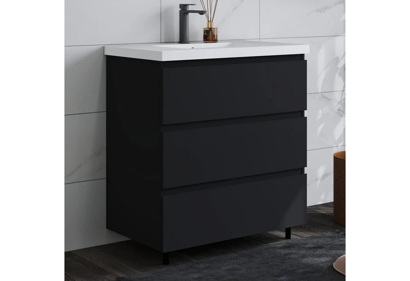 duschspa Waschtisch-Set mit Unterschrank Schwarz Mineralguss - Bild 2
