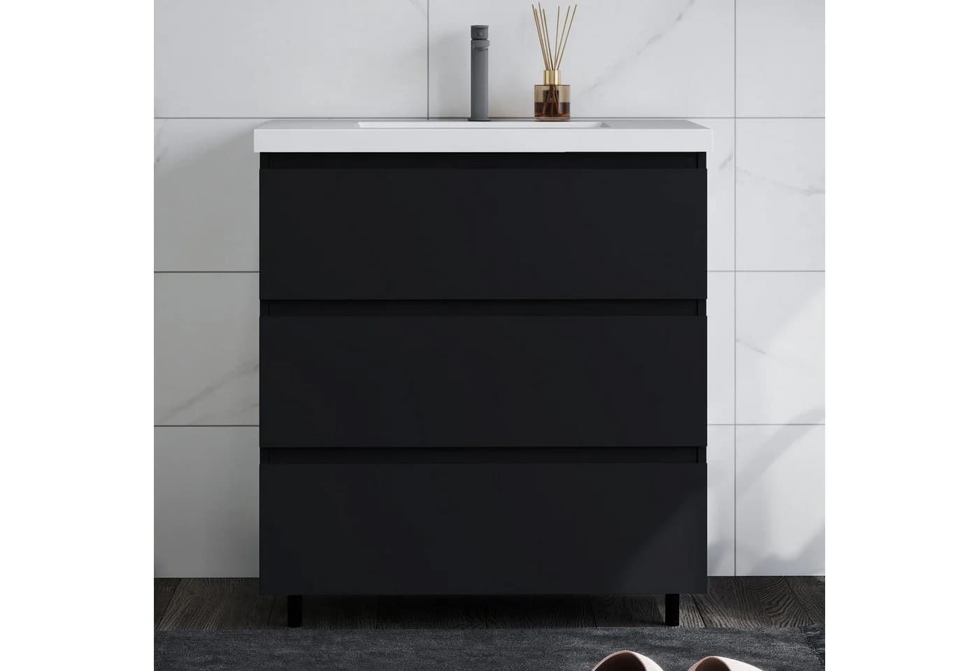 duschspa Waschtisch-Set mit Unterschrank Schwarz Mineralguss - Bild 3