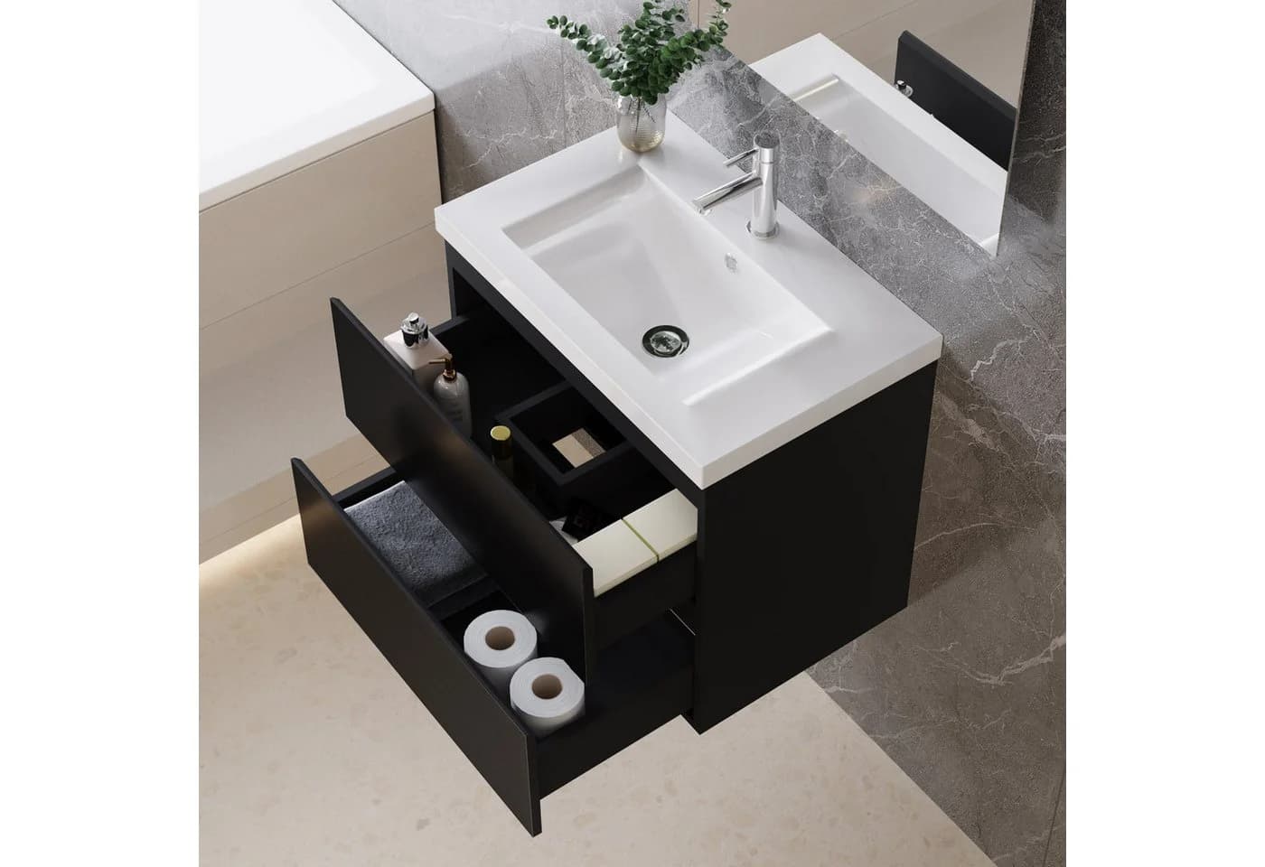 duschspa Waschtisch mit Unterschrank Schwarz Hochglanz Soft-Close