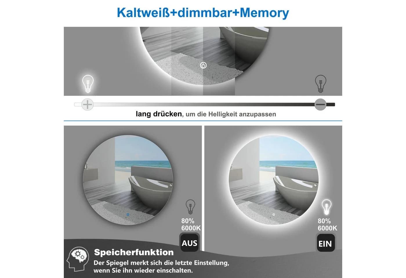 duschspa Badspiegel Kaltweiß LED Beleuchtung 50-100cm Touch-Schalter