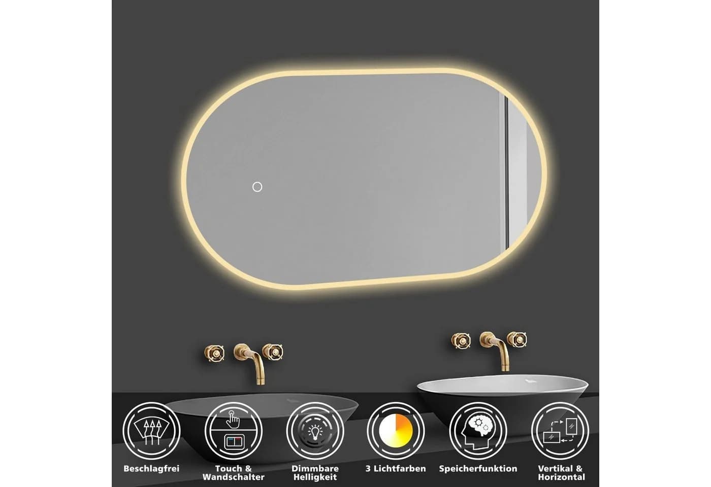 Duschspa LED Badspiegel mit Touch/Wandschalter, dimmbar, beschlagfrei