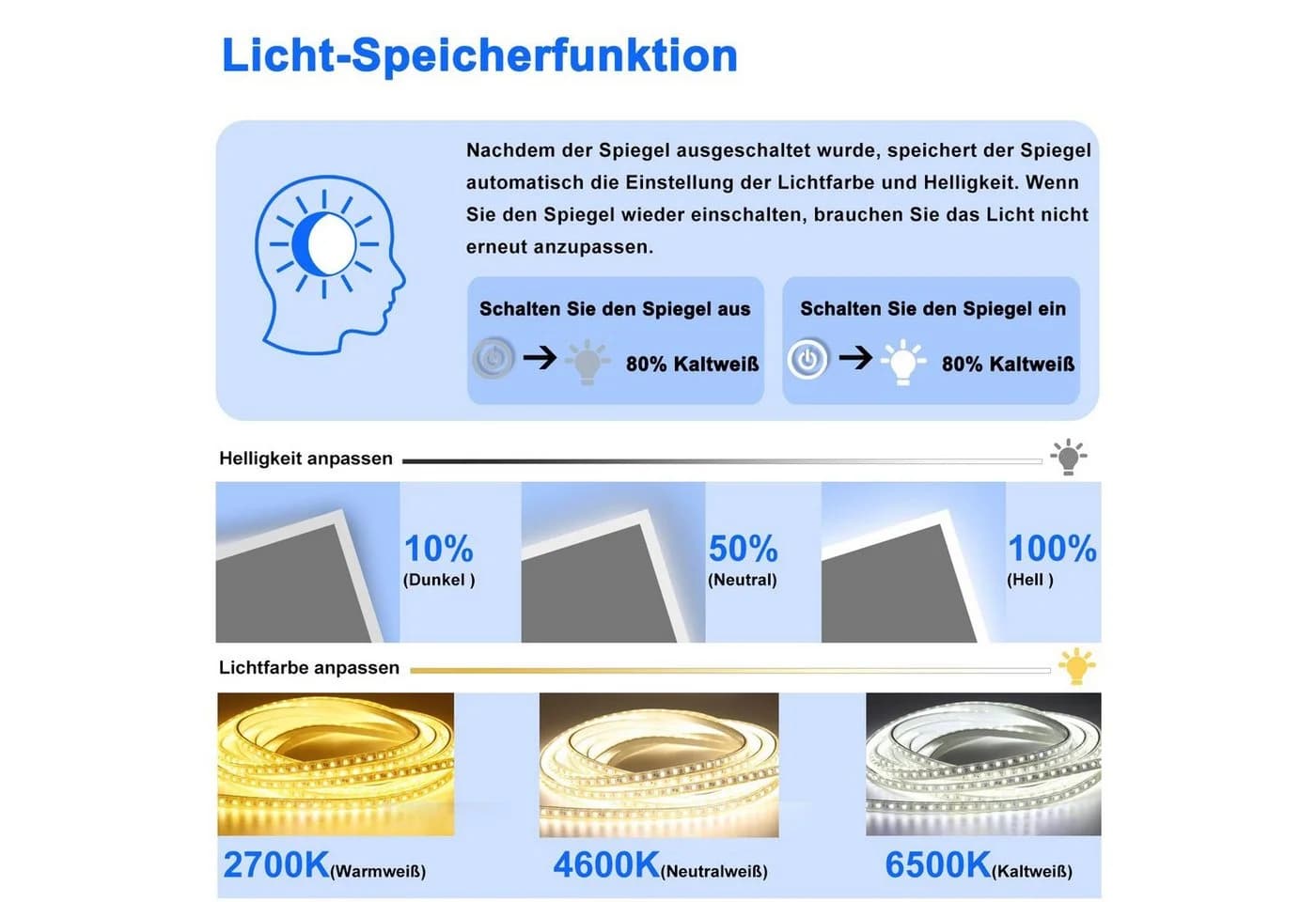 duschspa Badspiegel LED Beleuchtung Kaltweiß Warmweiß 50-160 cm - Bild 4