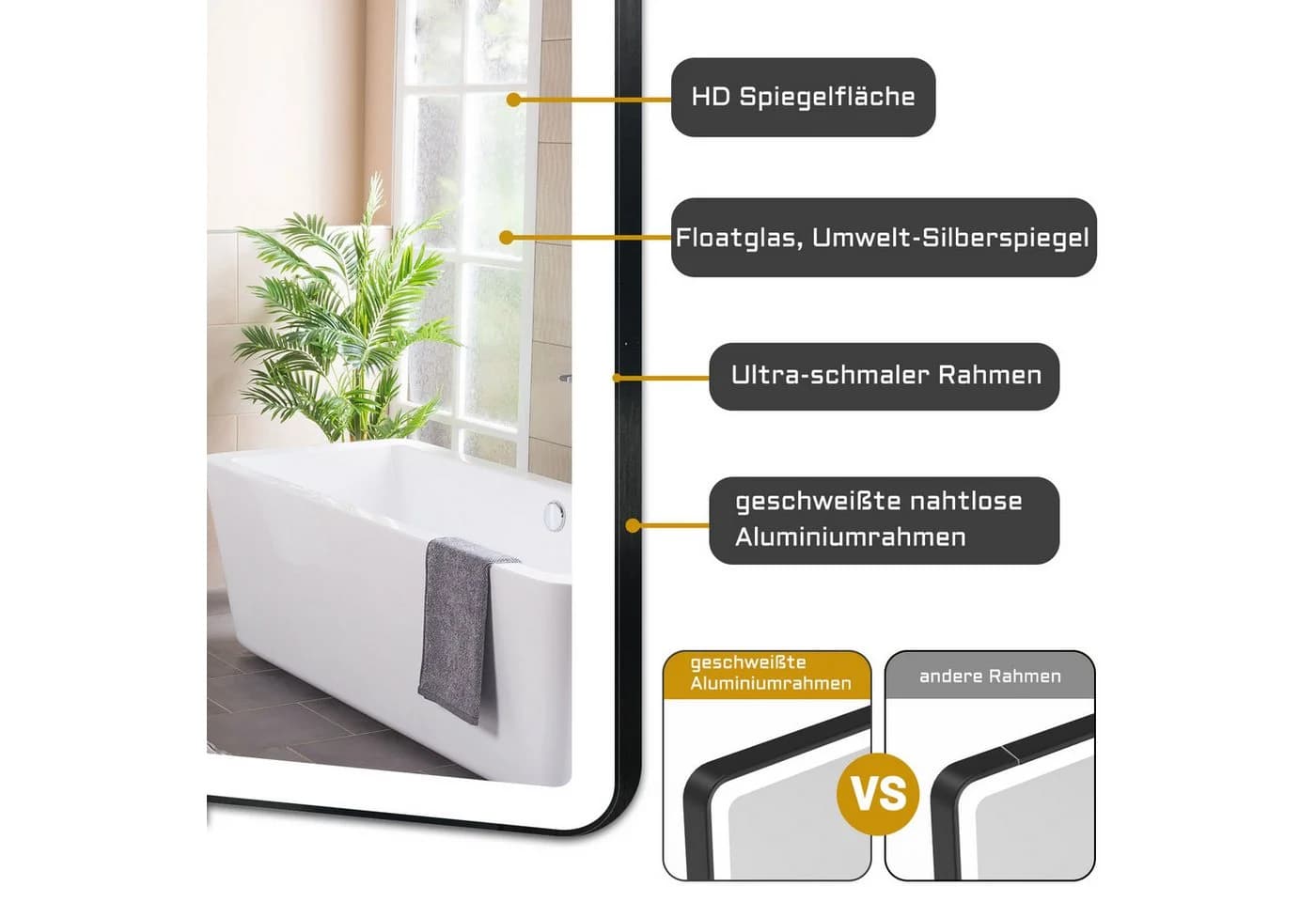 duschspa LED Badspiegel Schwarz Rahmen 50-120cm Dimmbar - Bild 3