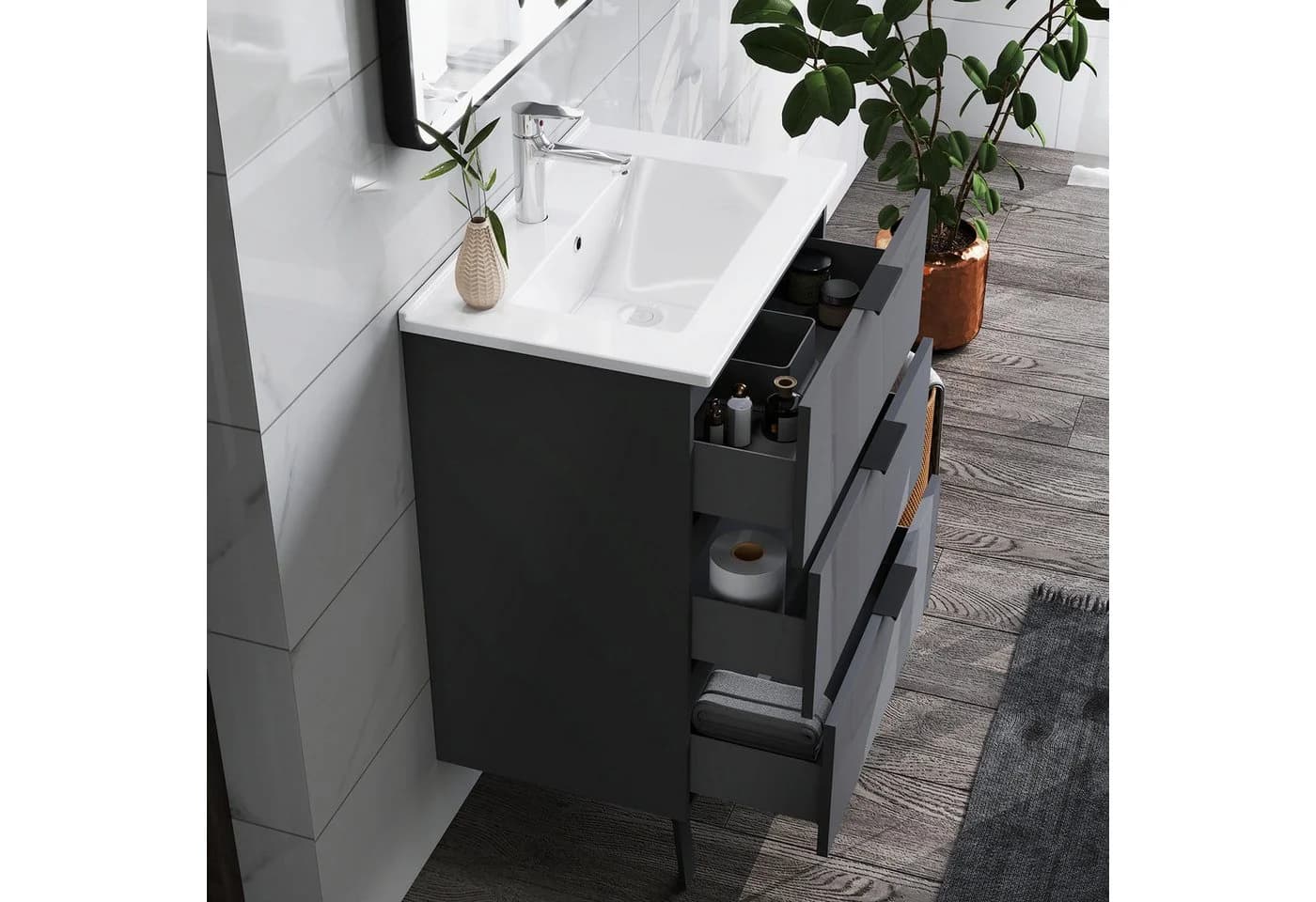 duschspa Waschtisch Badmöbel Set Waschbecken mit Unterschrank Hochglanz Schwarz
