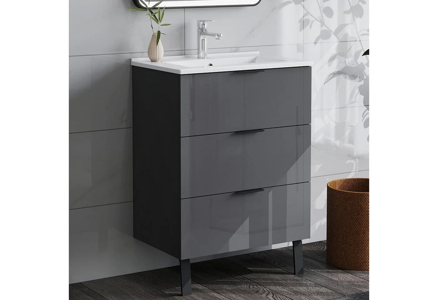 duschspa Waschtisch Badmöbel Set Waschbecken mit Unterschrank Hochglanz Schwarz - Bild 2