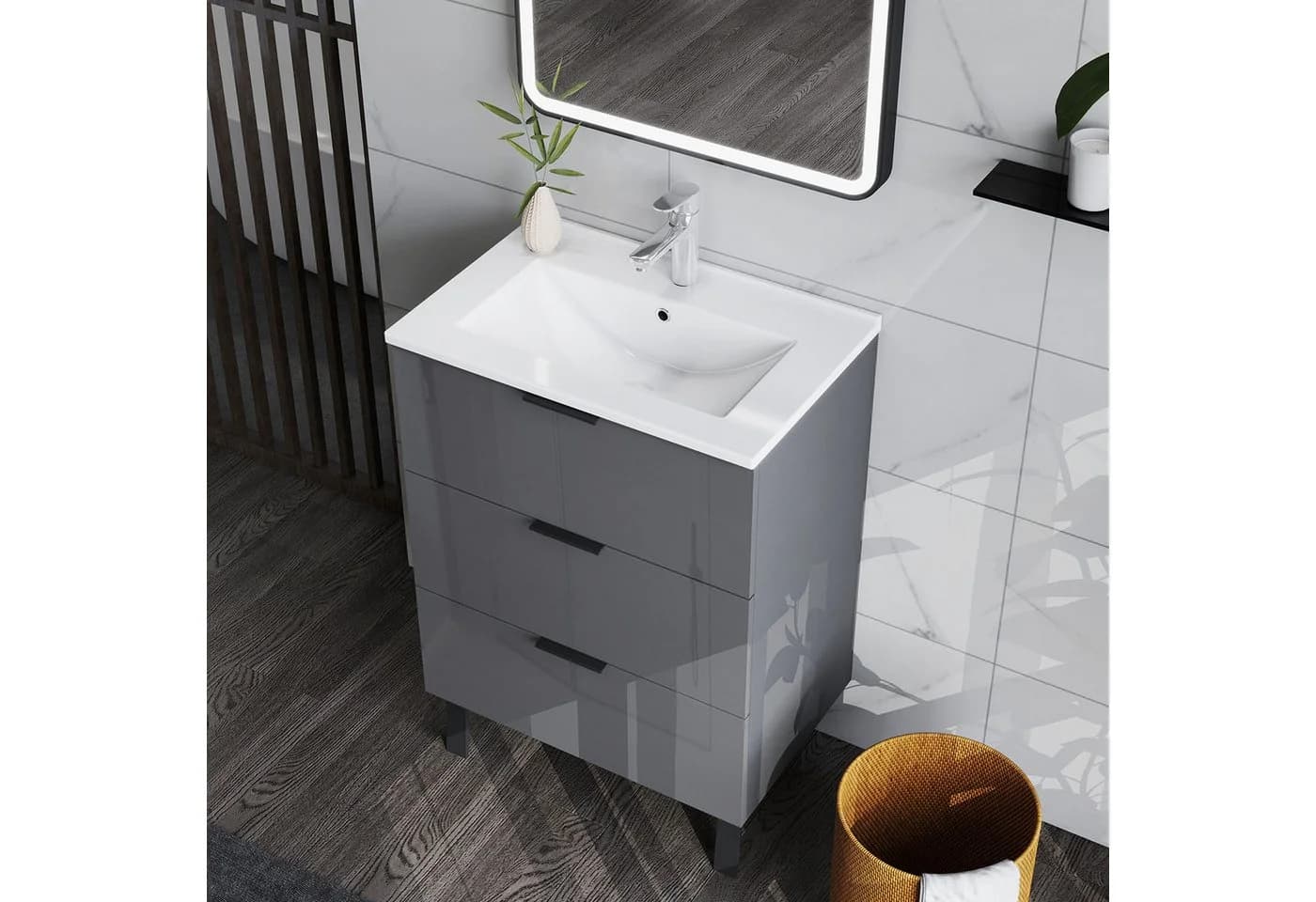 duschspa Waschtisch Badmöbel Set Waschbecken mit Unterschrank Hochglanz Schwarz - Bild 3
