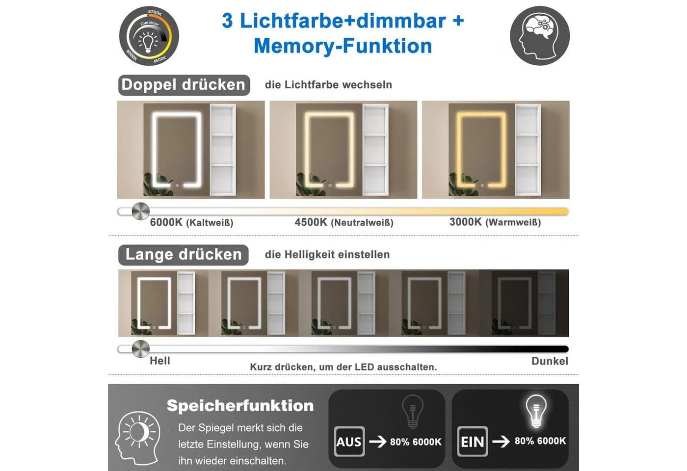 duschspa Spiegelschrank LED mit Steckdose und Touch-Steuerung - Bild 3