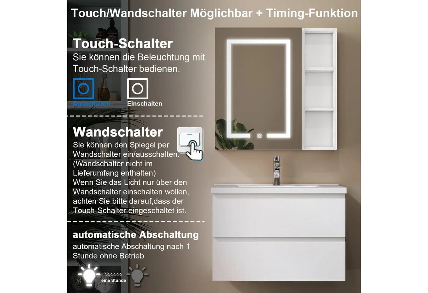 duschspa Spiegelschrank LED mit Steckdose und Touch-Steuerung - Bild 4