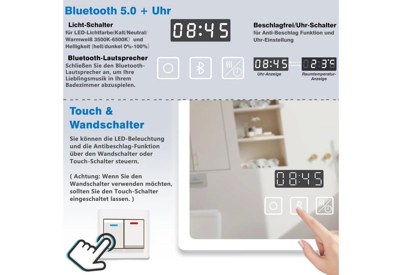 duschspa Badspiegel Kalt/Neutral/Warmweiß Dimmbar Beschlagfrei Bluetooth - Bild 5