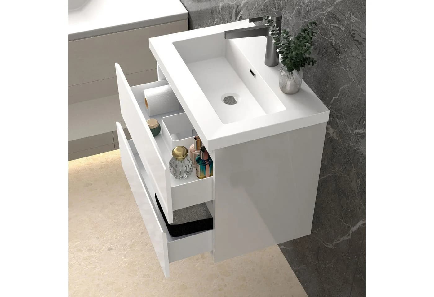 duschspa Waschtisch mit Unterschrank Weiß Hochglanz Badmöbel Set - Bild 1