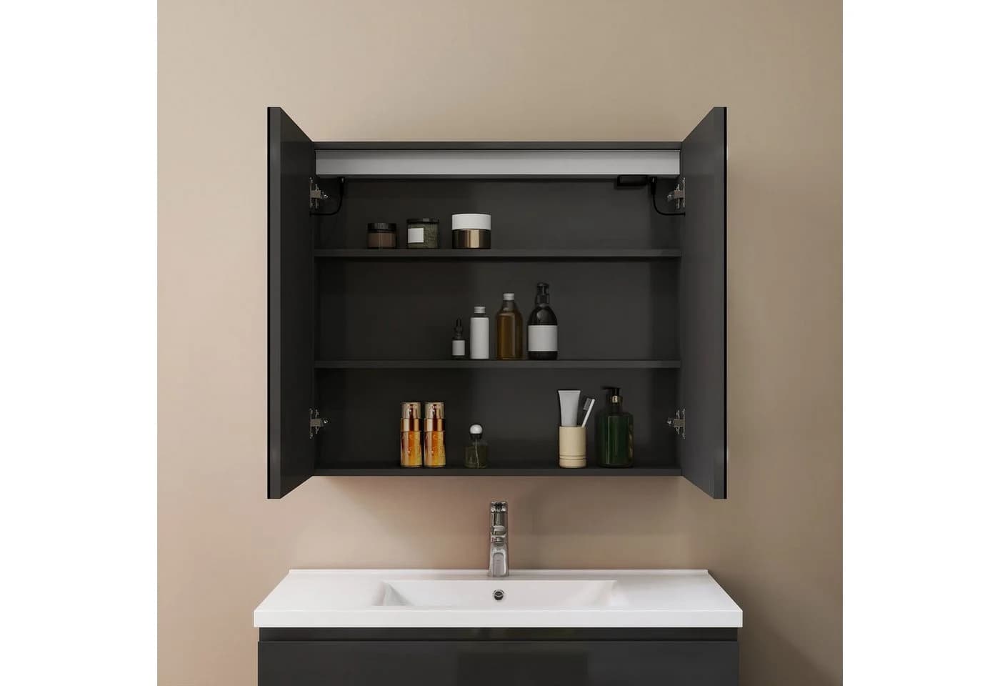 duschspa Spiegelschrank LED Badschrank mit Steckdose Schwarz Hochglanz