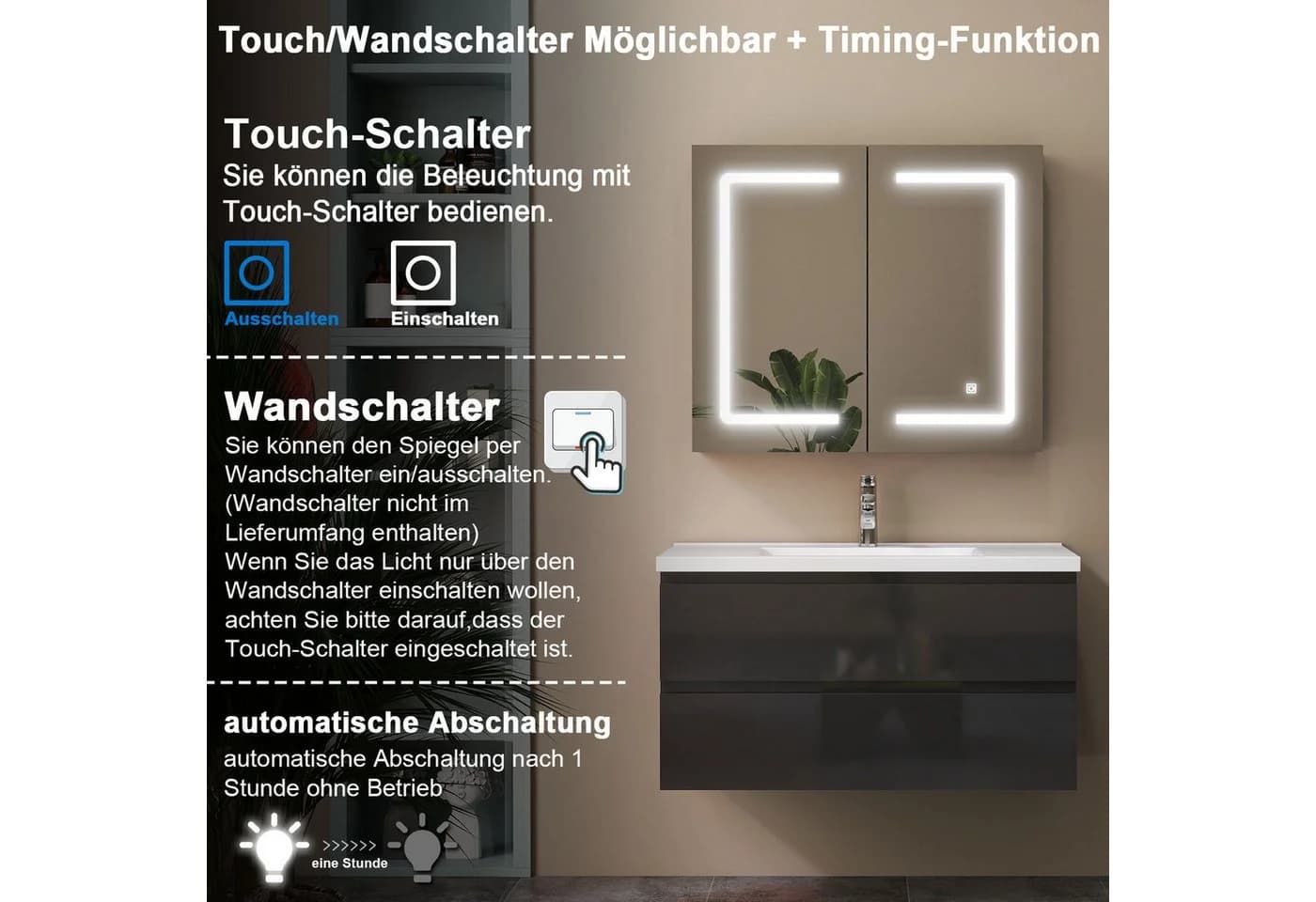 duschspa Spiegelschrank LED Badschrank mit Steckdose Schwarz Hochglanz - Bild 4