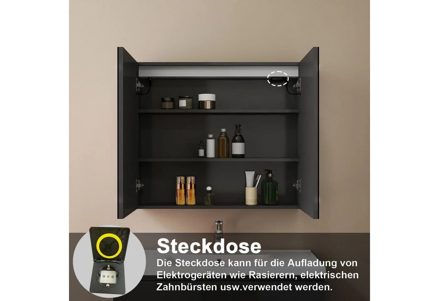 duschspa Spiegelschrank LED Badschrank mit Steckdose Schwarz Hochglanz - Bild 5