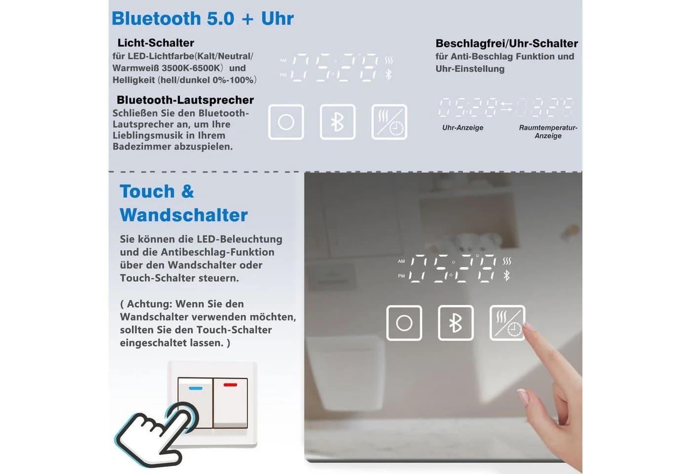 AICA Badspiegel mit LED Beleuchtung, Bluetooth 5.0 & Uhr - Bild 5