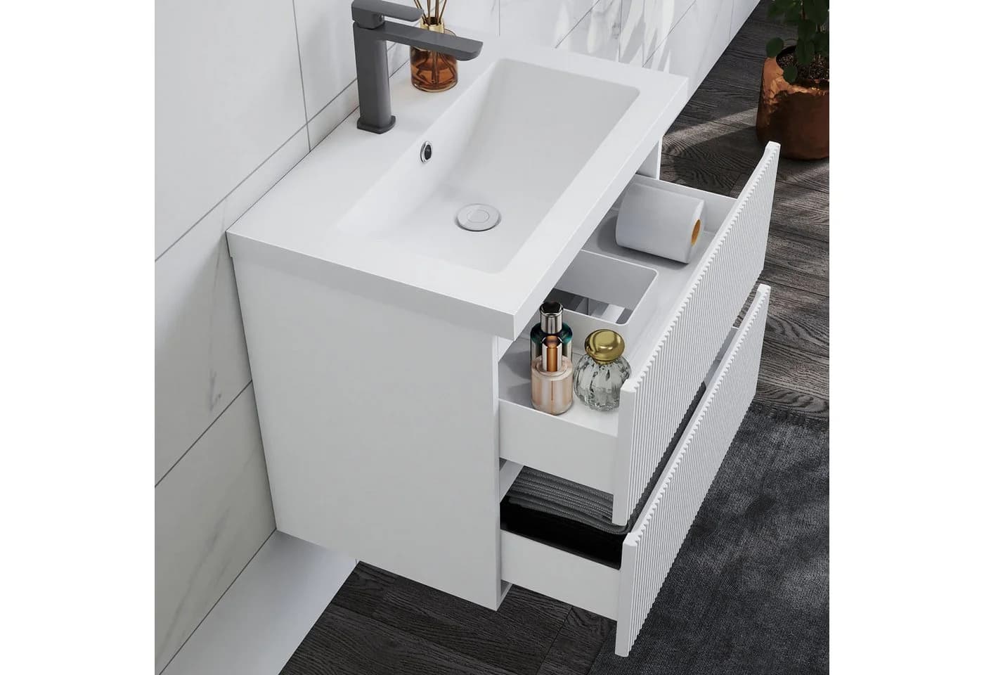 duschspa Waschtisch mit Unterschrank und Einbauwaschbecken Weiß/Schwarz