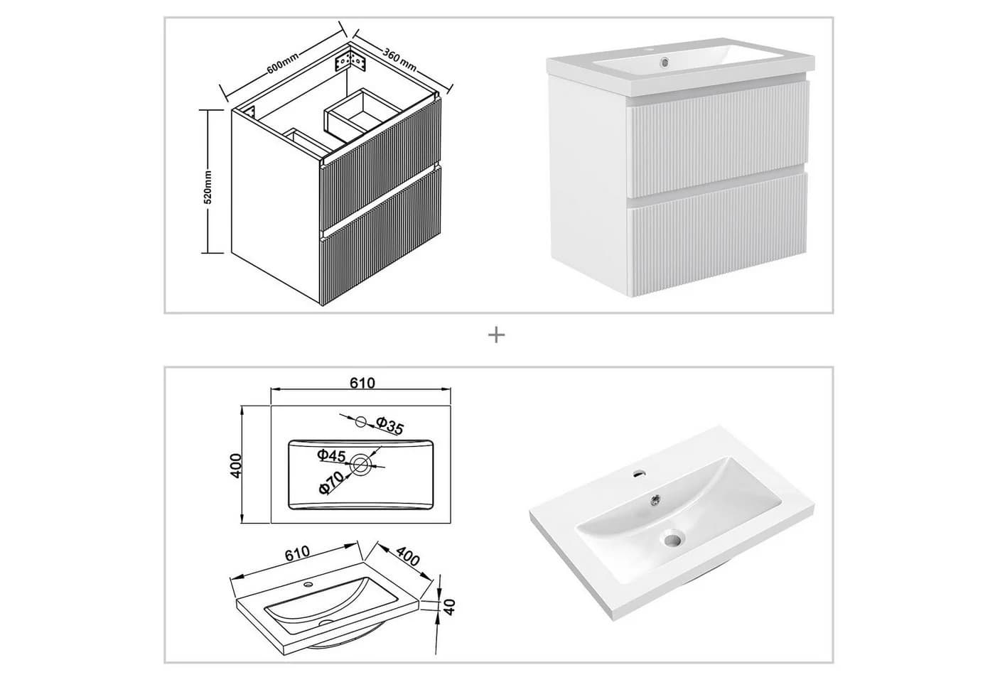 duschspa Waschtisch mit Unterschrank und Einbauwaschbecken Weiß/Schwarz - Bild 5