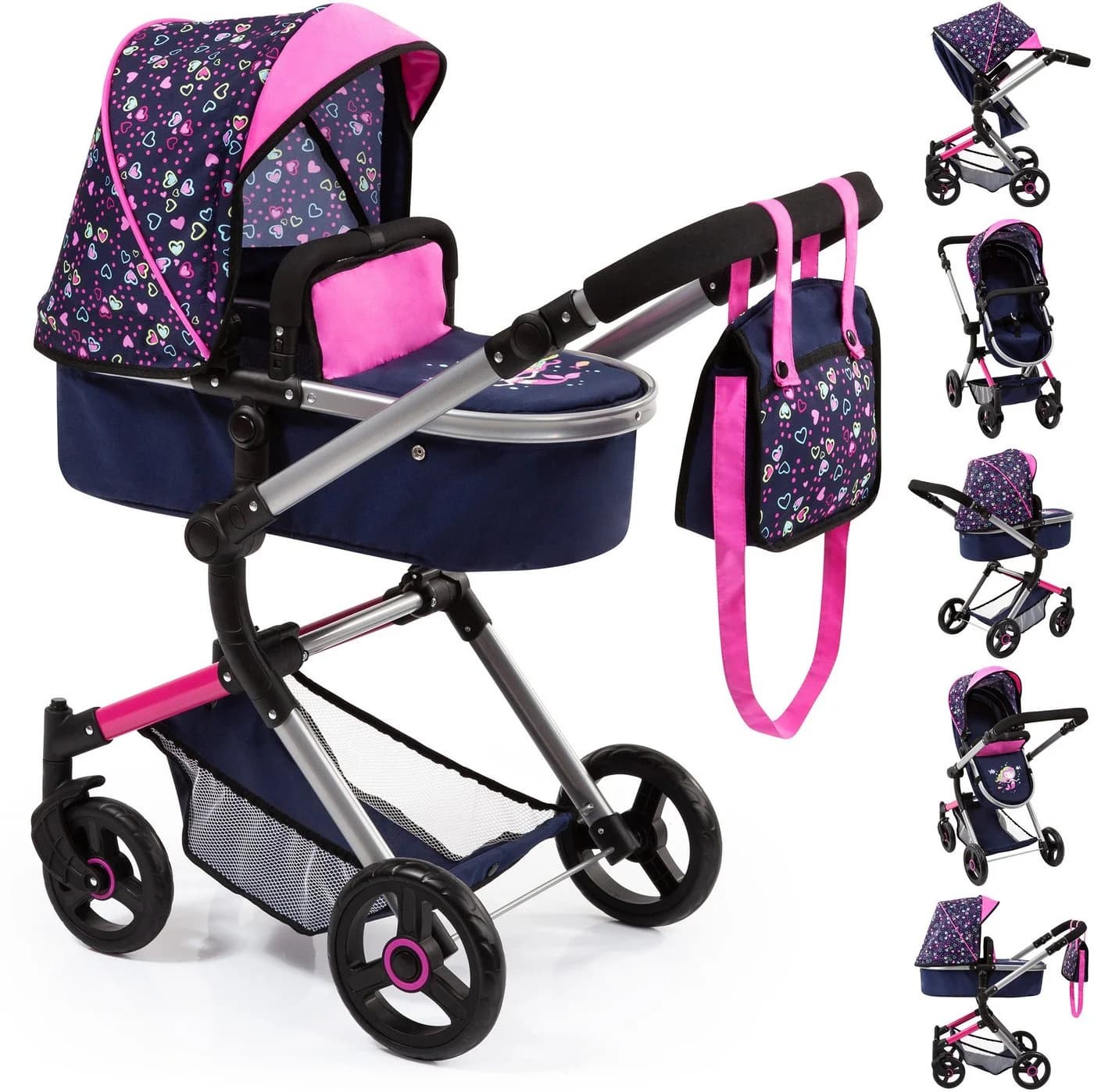 Bayer Kombi-Puppenwagen Vario Blau/Pink/Herzchen inkl. Wickeltasche