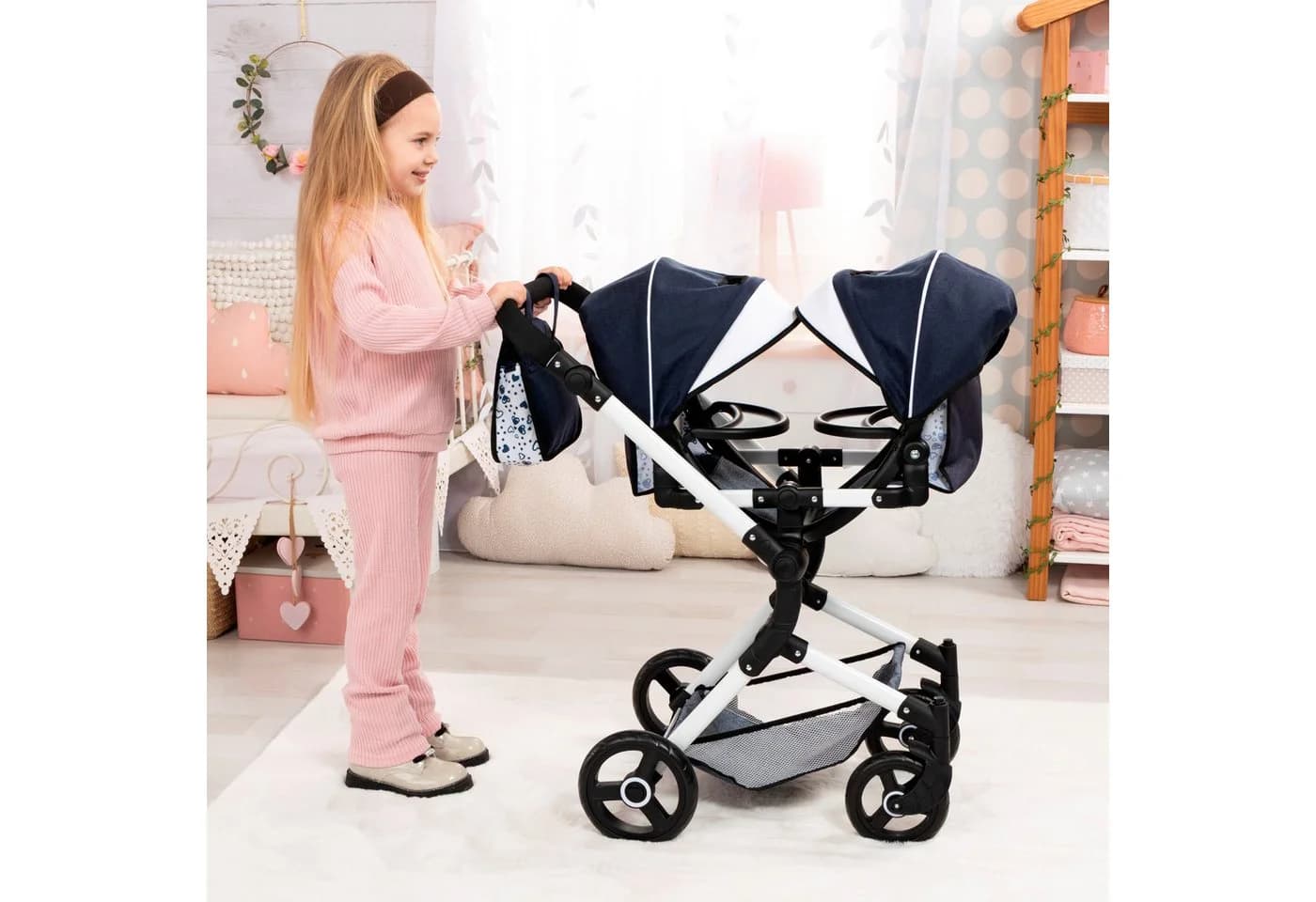 Bayer Puppen-Zwillingsbuggy Twin Neo mit Wickeltasche - Blau/Weiß - Bild 4