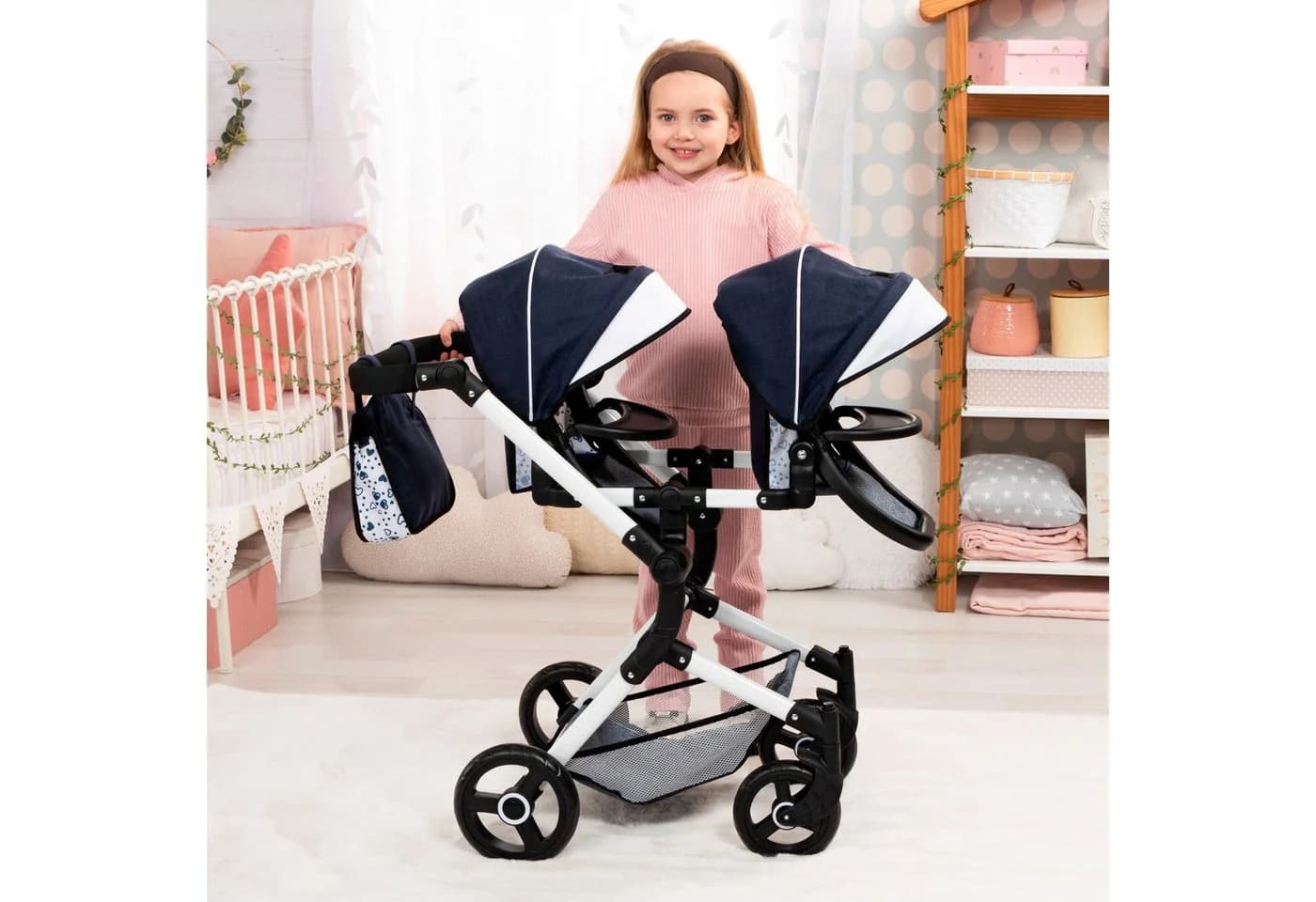 Bayer Puppen-Zwillingsbuggy Twin Neo mit Wickeltasche - Blau/Weiß - Bild 5
