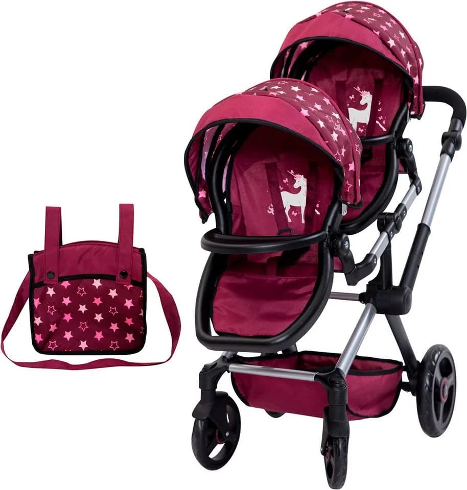 Bayer Puppen-Zwillingsbuggy Xeo Twin bordeaux mit Wickeltasche - Bild 2