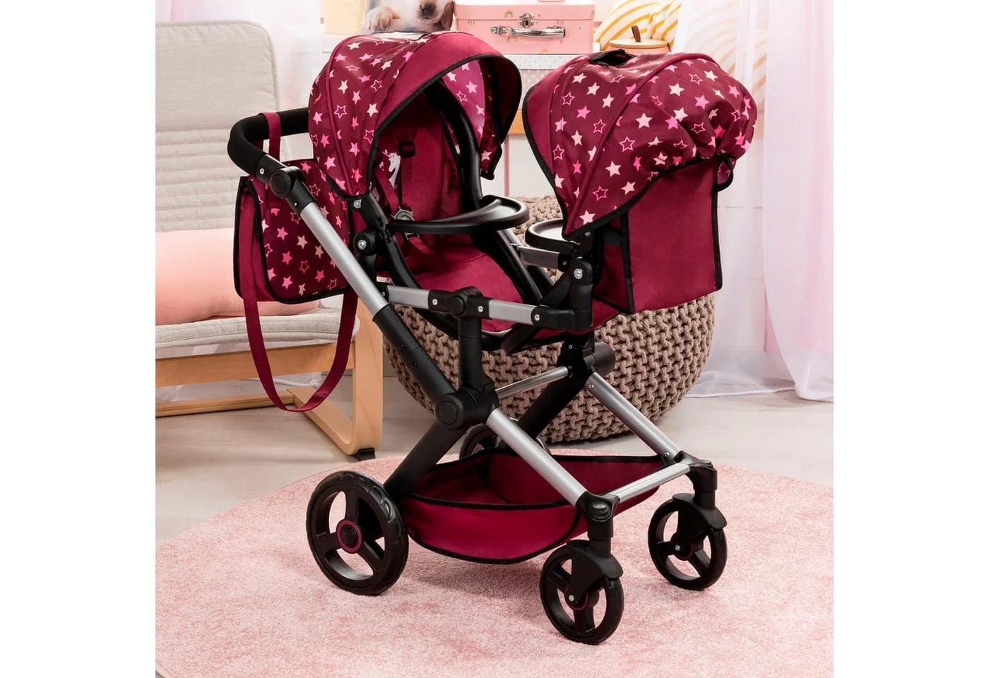 Bayer Puppen-Zwillingsbuggy Xeo Twin bordeaux mit Wickeltasche - Bild 3