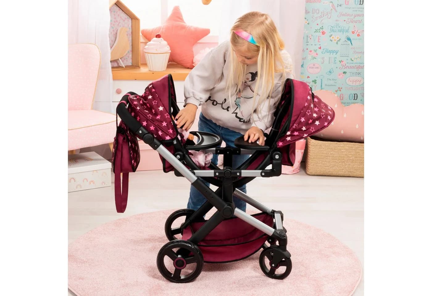Bayer Puppen-Zwillingsbuggy Xeo Twin bordeaux mit Wickeltasche - Bild 5
