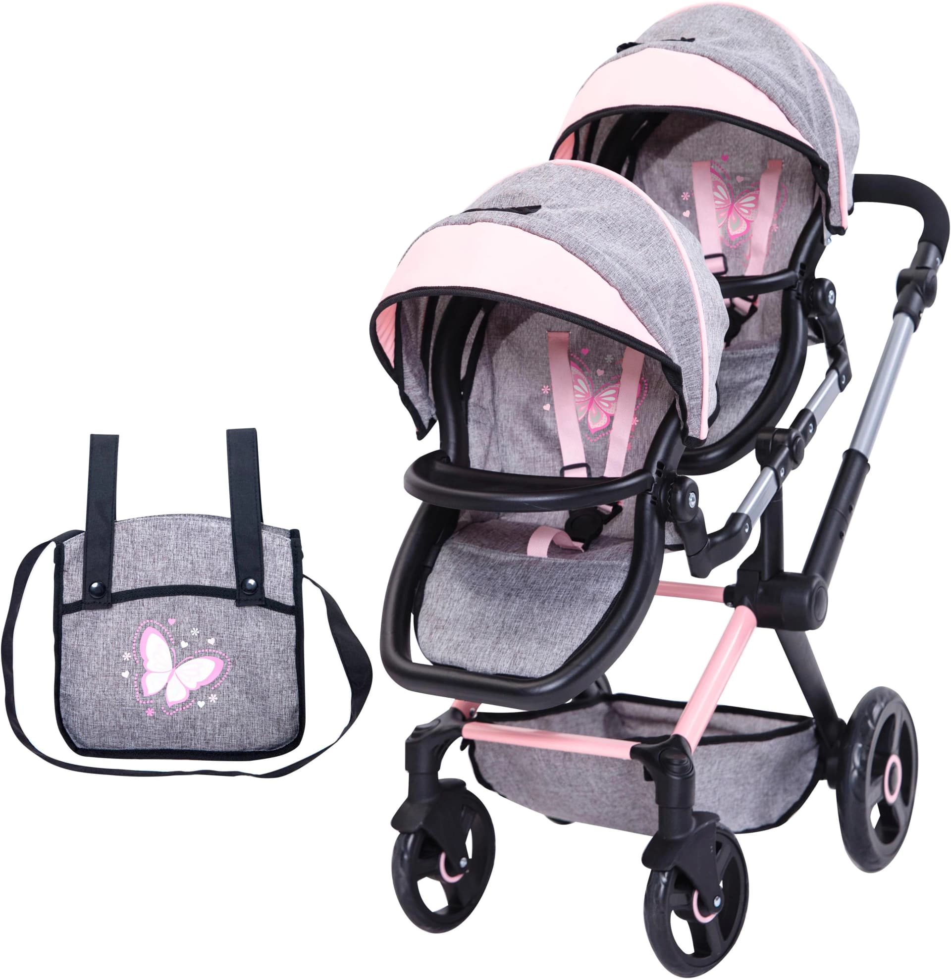 BAYER Xeo Twin Puppen-Zwillingsbuggy grau/rosa mit Wickeltasche