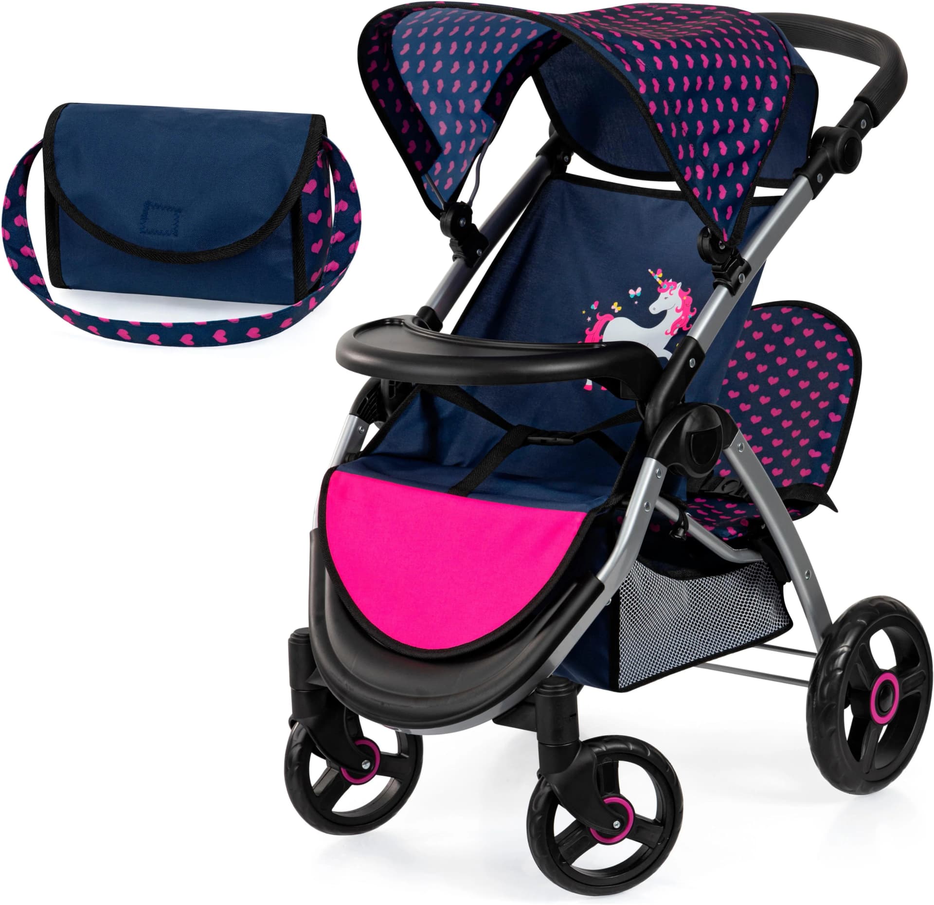 BAYER Puppen-Zwillingsbuggy Twin Star Blau/Pink mit Wickeltasche