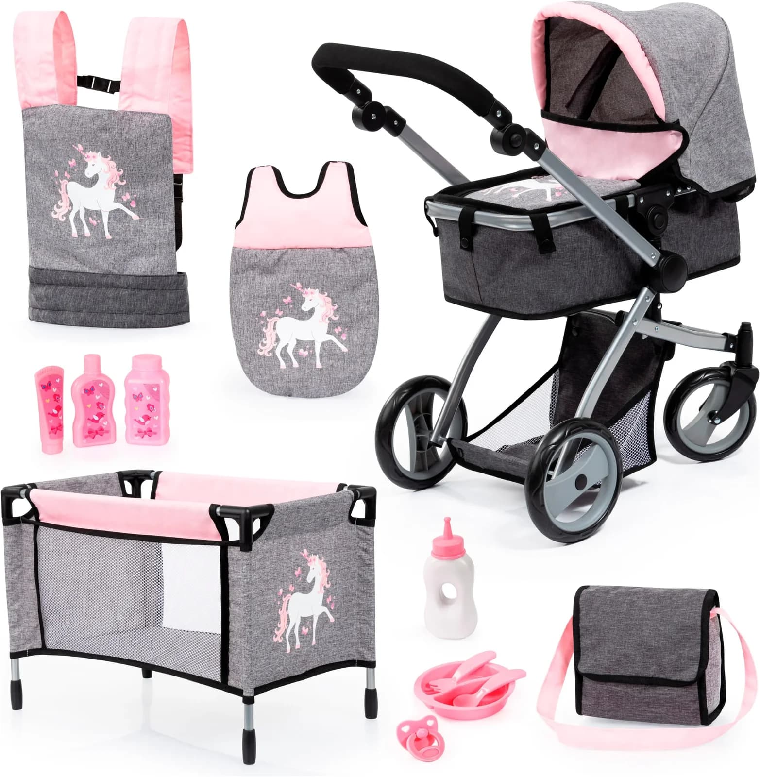 Bayer Puppenwagen Mega grau/rosa Set mit Reisebett, Schlafsack, Wickeltasche und Zubehör