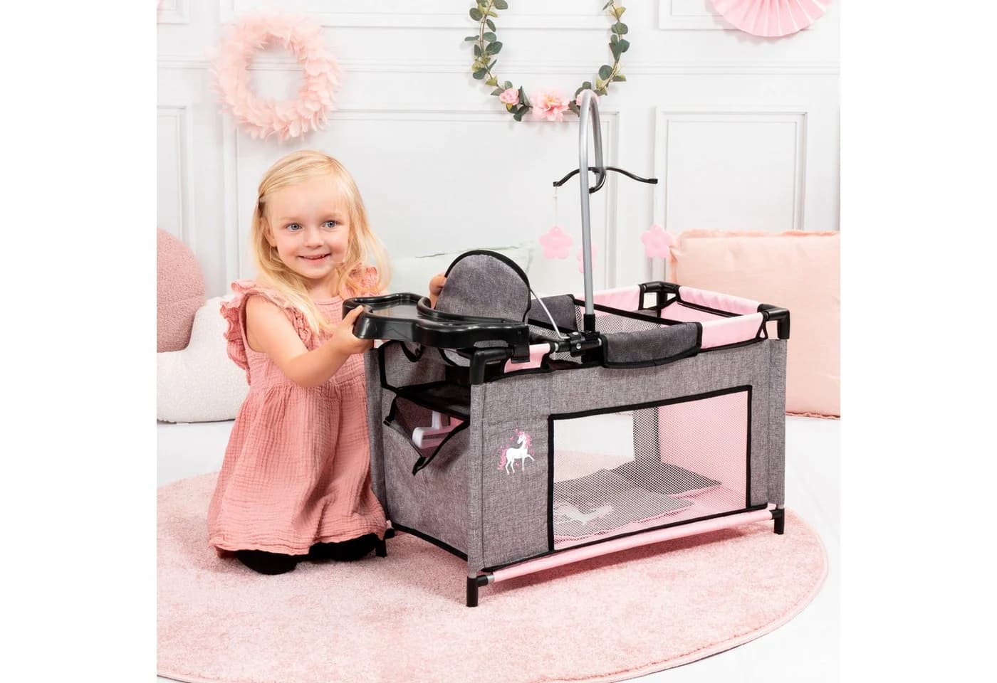Bayer Puppenbett Multibett Hochstuhl Wickelablage Mobile Einhorn grau/rosa - Bild 4