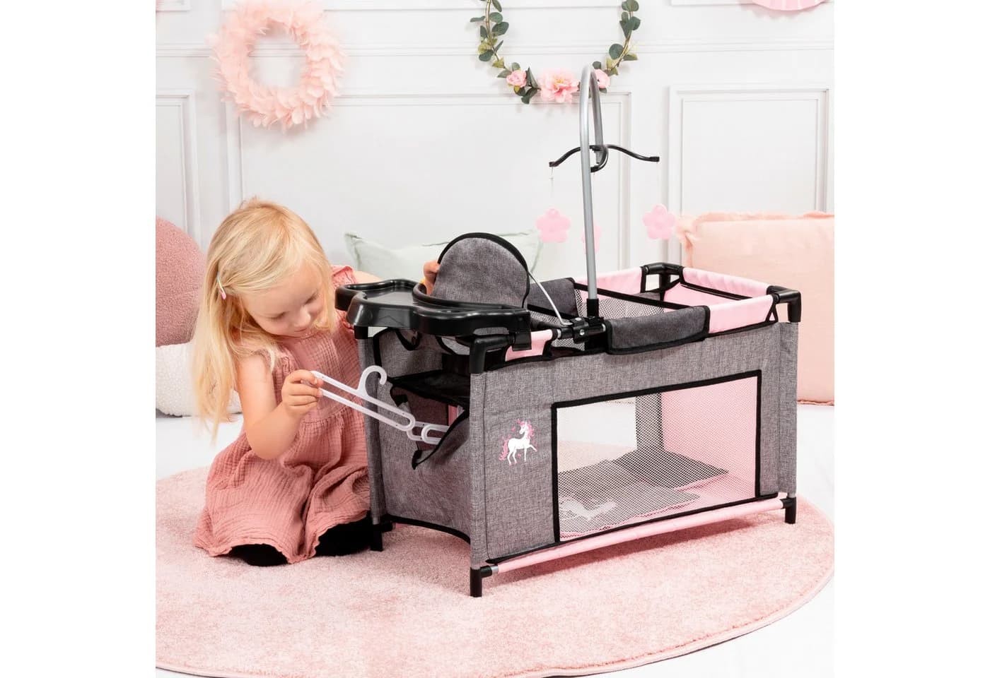 Bayer Puppenbett Multibett Hochstuhl Wickelablage Mobile Einhorn grau/rosa - Bild 5