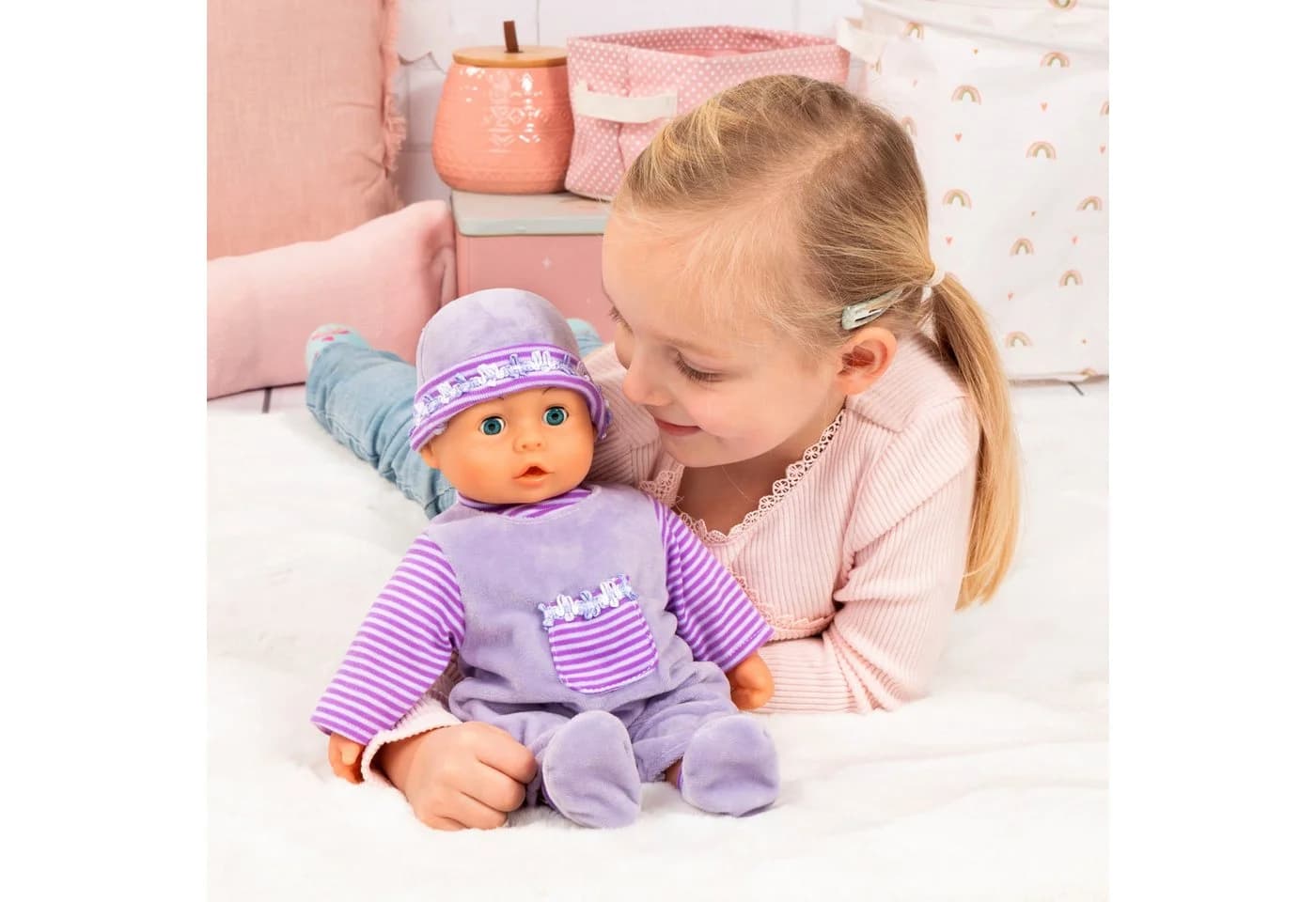 Bayer Babypuppe First Words Baby 38 cm Lila 3-tlg. mit Schlafaugen und Babygeräuschen