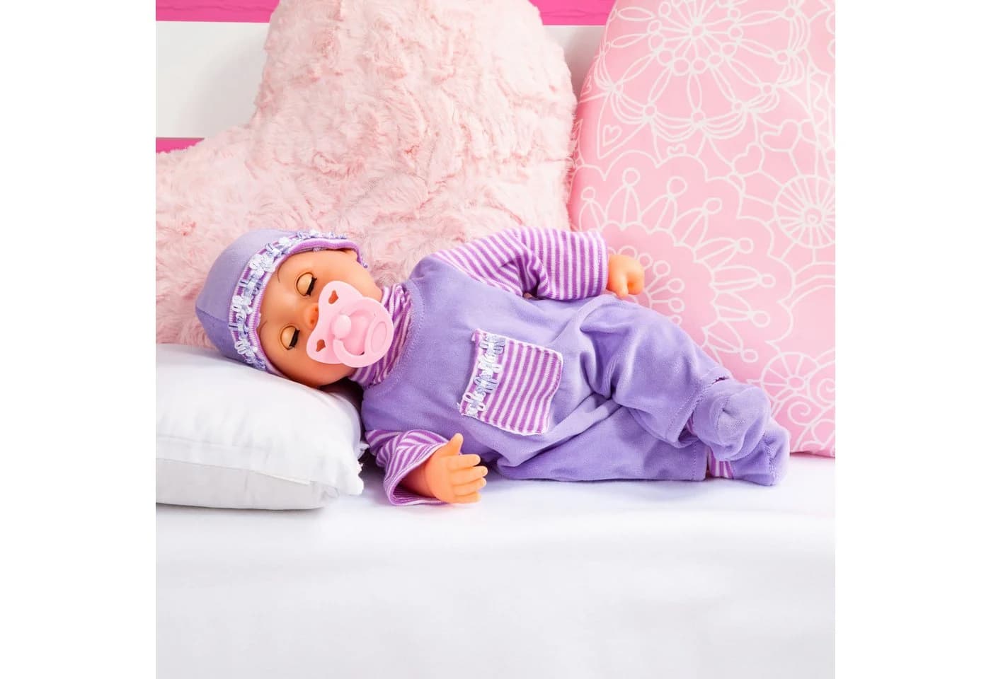 Bayer Babypuppe First Words Baby 38 cm Lila 3-tlg. mit Schlafaugen und Babygeräuschen - Bild 4