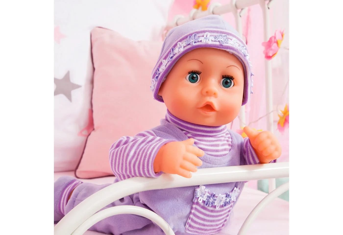 Bayer Babypuppe First Words Baby 38 cm Lila 3-tlg. mit Schlafaugen und Babygeräuschen - Bild 5